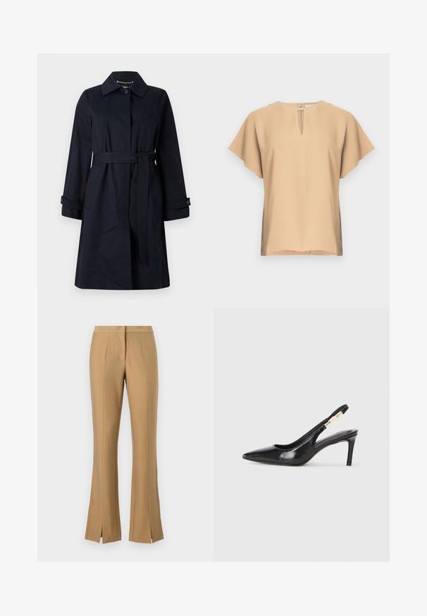 Marineblå trenchcoat lavet af glat stof, med en belagt talje, klaplommer og en klassisk krave med knapdetaljer.; Beige bluse med nøglehul-halsudskæring og korte, brede ærmer. Glat stof med afslappet pasform og lige kant. Minimalistisk design.; Beige sætbukser med frontslids, lavet af glat stof. Har en flad talje og skarpe plantesyninger ned ad benene.; Sort læder slingback højhælede sko med spidse tæer, glat overflade og en smal ankelrem med guldfarvede hardware detaljer.