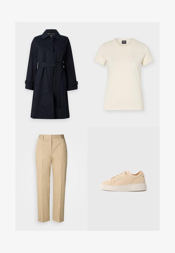 Marineblauer trenchcoat aus glattem Stoff, mit tailliertem Schnitt, Klapptaschen und klassischem Kragen mit Knopfakzenten.; Kurzärmliges T-Shirt in Cremefarbe mit Rundhalsausschnitt, kleinem gesticktem Logo auf der linken Brust und schwarzem "BOSS"-Label im Krageninneren.; Beige Straight-Leg-Hose mit Gürtelschlaufen, Vorderfalz und verdecktem Verschluss, präsentiert vor hellem Hintergrund.; Beiger Wildledersneaker mit abgerundeter Spitze, tonalem Schritt und dicker weißer Gummisohle. Verfügt über flache Schnürsenkel und ein minimalistisches Design.