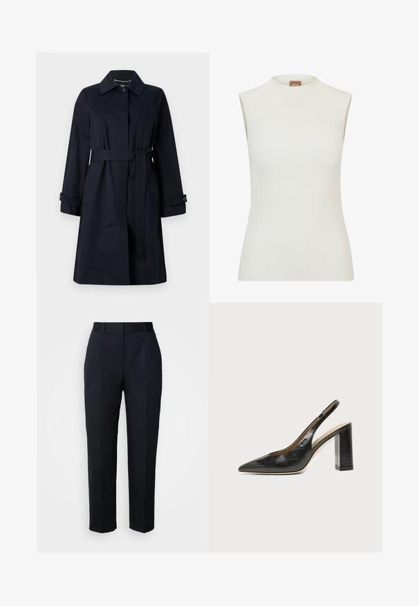 Marineblauer trenchcoat aus glattem Stoff, mit tailliertem Schnitt, Klapptaschen und klassischem Kragen mit Knopfakzenten.; Weißes, ärmelloses Oberteil mit hohem Kragen, das eine gerippte Textur und eine figurbetonte Passform aufweist. Das Markenlabel "BOSS" ist am Kragen sichtbar.; Marineblaue maßgeschneiderte Hose mit Gürtelschlaufen, vorderen Falten und geradem Bein, dargestellt vor weißem Hintergrund.; Schwarzer Leder-Slingback-Schuh mit spitzer Zehenpartie, Blockabsatz und kleinem Logo an der Seite, vor einfachem weißem Hintergrund.