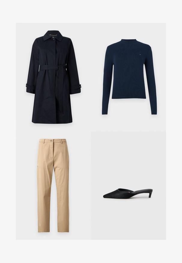 Marineblauer trenchcoat aus glattem Stoff, mit tailliertem Schnitt, Klapptaschen und klassischem Kragen mit Knopfakzenten.; Marineblaues langärmliges Rollkragenshirt mit gerippter Textur, das ein kleines Logo auf der Brust trägt, mit einem figurbetonten Design und Rundhalsausschnitt.; Beige Chinos mit glatter Textur, geradem Schnitt, Bund mit Knopfverschluss und Fronttaschen. Minimalistisches Design, keine sichtbaren Muster.; Schwarze Wildleder-Mules mit spitzer Zehenform und niedrigem Absatz. Verfügen über eine glatte Textur und einen offenen Rücken für bequemes Tragen. Einfaches Design ohne Muster.