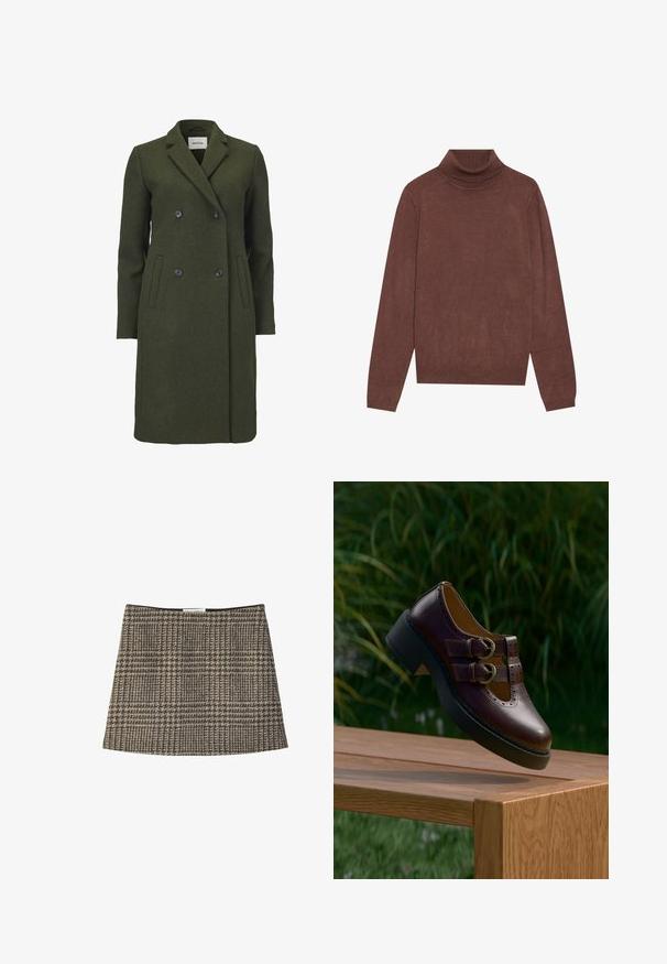 Manteau en mélange de laine vert olive avec un design croisé, col à revers, deux poches avant et boutons noirs. Texture lisse.; Pull à col roulé marron avec des manches longues. Fabriqué à partir d'un tissu doux et texturé. Présente un col ajusté et une silhouette décontractée.; Mini-jupe à carreaux marron et gris avec une coupe droite, texture du tissu visible et ceinture sans ornement. Étiquette visible en haut.; Chaussure en cuir marron foncé avec double boucle, détails perforés et semelle noire épaisse, suspendue au-dessus d'une table en bois à l'extérieur.