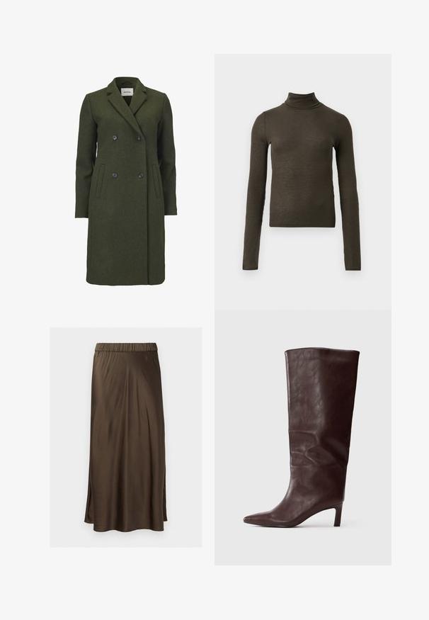 Manteau en mélange de laine vert olive avec un design croisé, col à revers, deux poches avant et boutons noirs. Texture lisse.; Haut à col roulé à manches longues de couleur vert olive foncé, à côtes, avec une coupe slim et une longueur légèrement raccourcie, sur fond clair.; Jupe midi en satin marron avec une taille élastique, texture lisse et fentes latérales pour le mouvement. Silhouette A-line classique.; Botte en cuir marron foncé, haute et à bout pointu, avec un talon slim de hauteur moyenne sur fond blanc uni.