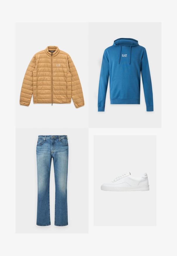 Lysebrunt polstret jakke med horisontale quiltninger, fuld front lynlås, ståkrave og hvidt EA7 Emporio Armani-logo på brystet.; Blå hættetrøje med frontlomme og EA7 Emporio Armani-logo centreret på brystet med snore i hætten.; Blå denimbukser, lige ben design med en falmet vask, med en klassisk fem-lommes stil og metalhardware detaljer.; Hvid lavt sneaker med snørelukning, glat læderoverdel og tyk sål, vist fra siden på en ensfarvet baggrund.