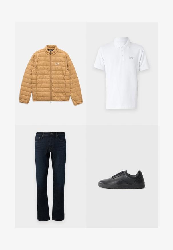 Lysebrunt polstret jakke med horisontale quiltninger, fuld front lynlås, ståkrave og hvidt EA7 Emporio Armani-logo på brystet.; Hvid polo skjorte lavet af bomuld. Har en klassisk krave, tre-knap placket og en lys grå EA7-logo på brystet. Korte ærmer.; Mørkeblå denimjeans med lige ben, der har et klassisk fem-lomme design og subtile syninger.; Sorte lædersneakers med en glat finish, rund tå, struktureret sidelæder og sorte snørebånd. Har en flad gummisål og et minimalistisk design.