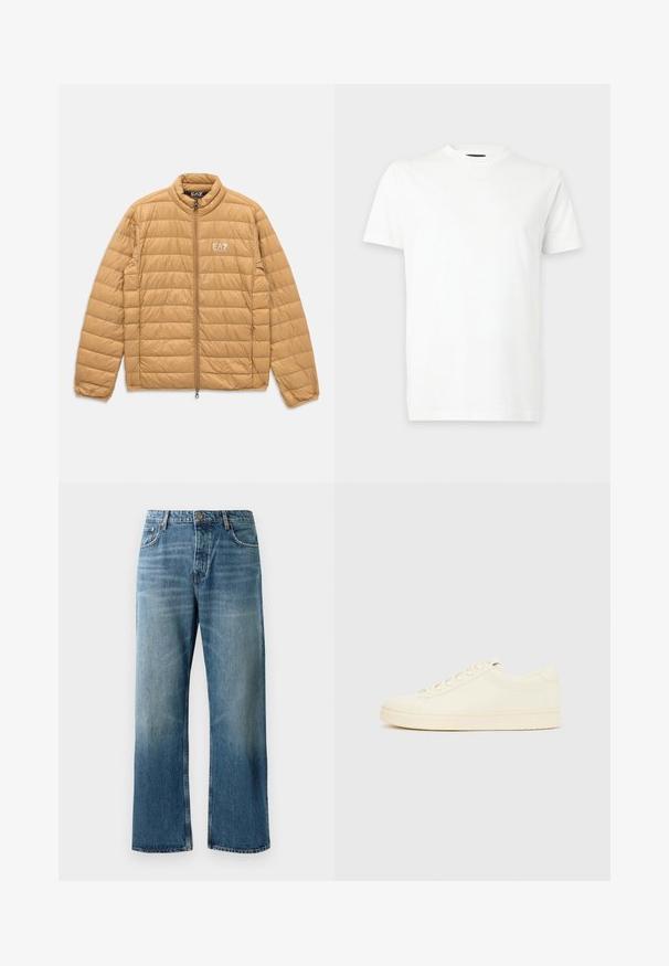 Lysebrunt polstret jakke med horisontale quiltninger, fuld front lynlås, ståkrave og hvidt EA7 Emporio Armani-logo på brystet.; En simpel hvid t-shirt med korte ærmer og rund hals, vist på en lysegrå baggrund.; Lysblå brede jeans med en falmet vask, prydet med enkeltknaplukning, fem lommer og kontrastsyede detaljer.; Sneaker i cremefarve med en glat læderoverdel, rundet tå, snørelukning foran og en tekstureret gummisål. Minimalistisk design uden logoer.