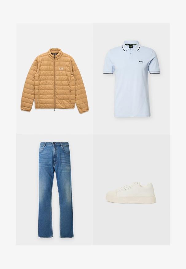 Hellbraune gepolsterte Jacke mit horizontalen Steppnähten, durchgehendem Reißverschluss, Stehkragen und weißem EA7 Emporio Armani-Logo auf der Brust.; Hellblaues kurzärmeliges Poloshirt mit schwarz abgesetztem Kragen und Bündchen, zwei Knöpfen und "BOSS"-Logo auf der linken Brust.; Blaue Denim-Jeans, gerades Bein-Design, leichte Verblassung, Standard-Fünf-Taschen-Stil, mit Metallknopf und Reißverschluss. Keine sichtbaren Muster oder Akzente.; Cremfarbene Sneaker mit glattem Obermaterial, runder Zehenpartie, geprägtem Logo und strukturiertem weißen Sohlen. Verfügt über eine Schnürung und ein minimalistisches Design.