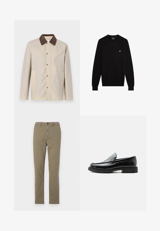 Beige jakke i et let materiale med en mørkebrun fløjlskrage og knaplukning fortil samt to sidelommer.; Sort sweater lavet af blødt stof med rund halsudskæring og lange ærmer. Lille gul broderet logo på venstre bryst.; Oliven grønne bomulds chinos med lige ben, frontknaplukning og sidelommer. Glat tekstur og minimal detaljering.; Sort læderloafer med chunky gummisål, syet overdel og præget mærkenavn på hælen, vist i sideprofil på hvid baggrund.