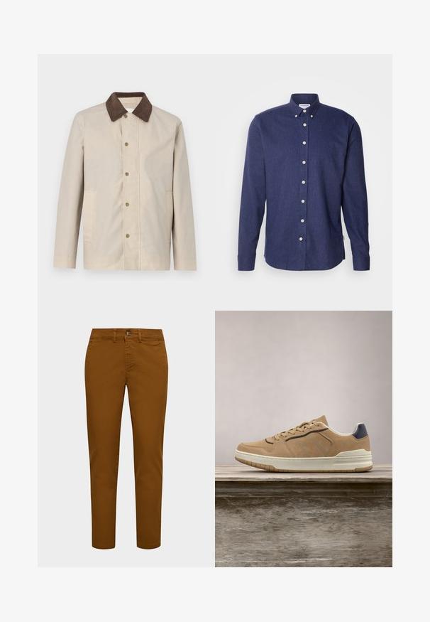 Chaqueta beige en material ligero, con un cuello de pana marrón oscuro y cierre frontal de botones, además de dos bolsillos laterales.; Lindbergh BRUSHED SHIRT - Camisa - navy; Chinos de algodón marrón con un ajuste slim, que cuentan con un cierre frontal de botón y trabillas para el cinturón. Textura suave y piernas ajustadas.; Deportiva de ante beige con suela de goma blanca, que presenta cordones beige, acentos en azul marino y detalles perforados en la puntera.