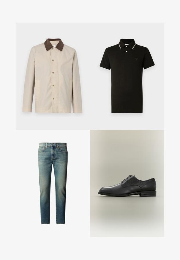 Beige jakke i et let materiale med en mørkebrun fløjlskrage og knaplukning fortil samt to sidelommer.; Sort poloshirt lavet af bomuld, med en kontrastfuld krave med hvide striber, to-knaps lukning og et lille trekantet logo på brystet.; Lyseblå denimjeans med lige ben, fem lommer, knaplukning og diskrete falmede detaljer på stoffet.; Sort lædersko til mænd med snørebånd foran og teksturerede sidepaneler, lav stablet hæl og "BOSS" præget på sålen.