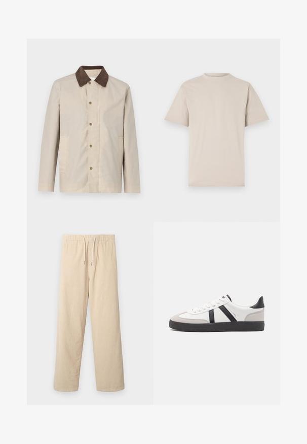 Beige jas van lichtgewicht materiaal, met een donkerbruine corduroy kraag en knoopsluiting aan de voorkant, voorzien van twee zijzakken.; Beige t-shirt met korte mouwen, ronde hals, gemaakt van een gladde katoenstof, met een relaxed fit en zonder zichtbare patronen of versieringen.; Beige corduroy broek met een elastische tailleband en een trekkoord, met wijde benen en een verticale ribstructuur.; Witte sneaker met zwarte en grijze accenten, voorzien van een grijze neus met textuur, zwarte rubberen zool en platte witte veters. Schoon ontwerp, minimalistische stijl.