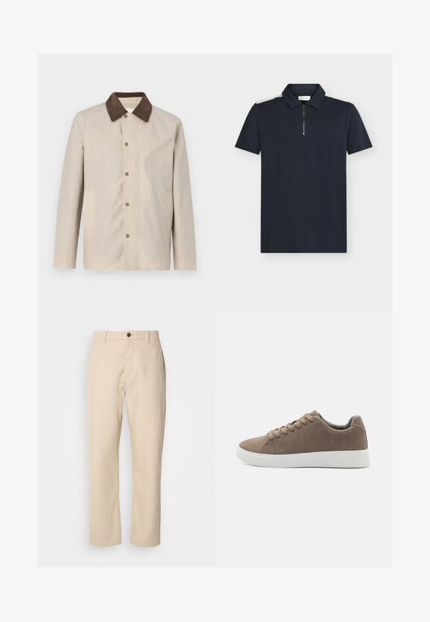 Beige jakke i et let materiale med en mørkebrun fløjlskrage og knaplukning fortil samt to sidelommer.; Marineblå polo med korte ærmer, struktureret stof, lynlåsdetalje ved kraven og kontrasterende hvide accenter på skuldrene.; Beige bomuldsbukser med lige ben, en frontknaplukning, sidelommer og en glat tekstur. Minimalistisk design, ingen synlige mønstre.; Brune ruskinds sneakers med flade hvide gummisåler, snørelukning, rund tå og en glat overflade. Minimalistisk stil med diskrete syninger.