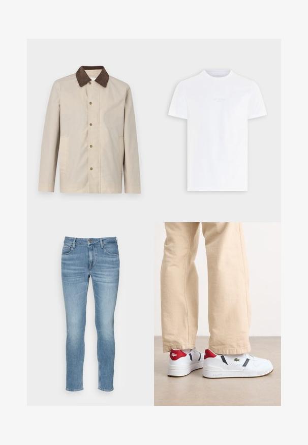 Beige jakke i et let materiale med en mørkebrun fløjlskrage og knaplukning fortil samt to sidelommer.; Hvid bomulds T-shirt med rund hals, korte ærmer og en struktureret logo i lys farve på brystet. Standard pasform, glat stof.; Lyseblå denimjeans med mellemhøj talje, slim fit, fem-lomme design og subtilt slid på stoffet. Har lynlåsgylp.; Hvide sneakers med røde og marineblå accenter, der har et perforeret design og et grønt logo. Tekstureret gummisål og rene linjer.