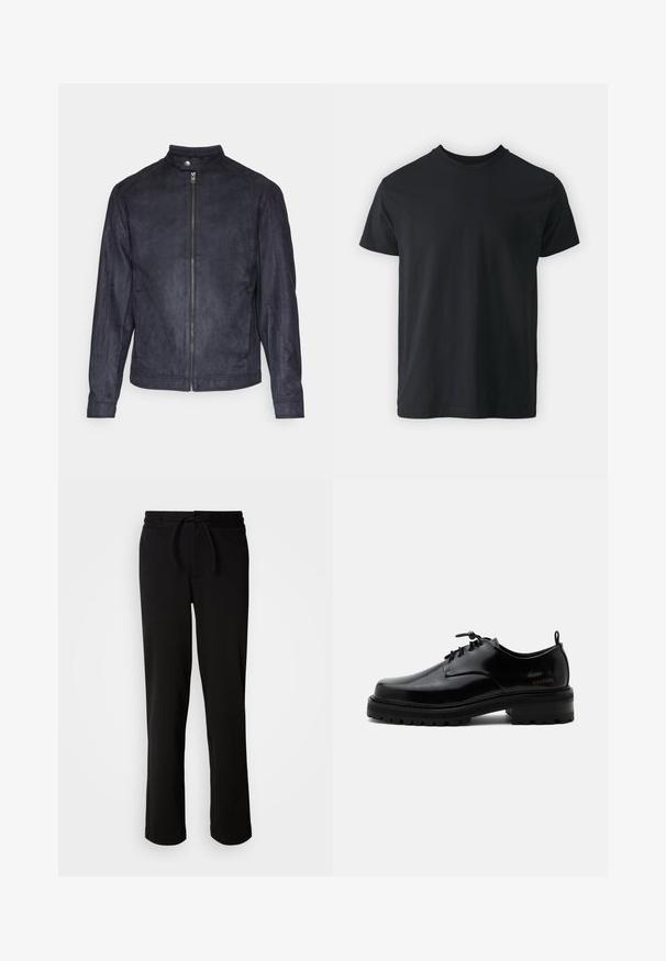 Mørkeblå ruskindsjakke med høj krave, front lynlås og lange ærmer, der har en glat tekstur og minimalistisk design.; Sort bomulds t-shirt med kortærmer, rund halsudskæring og en afslappet pasform. Glat tekstur og lige kant, ingen synlige grafikker eller mønstre.; Sorte sweatpants med snor i taljen, lavet af blødt og strækbart stof. Har en afslappet pasform med lige ben og uden synlige lommer.; Sort poleret læder snørestøvle med tyk gummisål og lav hæl, sideskilt med mærketekst "SAMSOE" og bageste træksnor.
