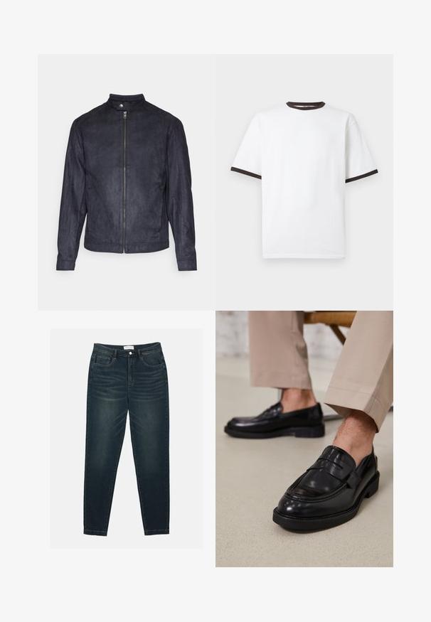 Mørkeblå ruskindsjakke med høj krave, front lynlås og lange ærmer, der har en glat tekstur og minimalistisk design.; Hvid T-shirt med korte ærmer og sort kant på krave og ærmekanter vist på en ensfarvet baggrund.; Mørkeblå denimjeans med slim fit, der har lynlås, fem lommer og let falmning på lårene. Klassisk design med lige ben.; Sorte lædermokkasiner med en glat overflade, der har en dekorativ rem og kontraststing, parret med beige bukser.