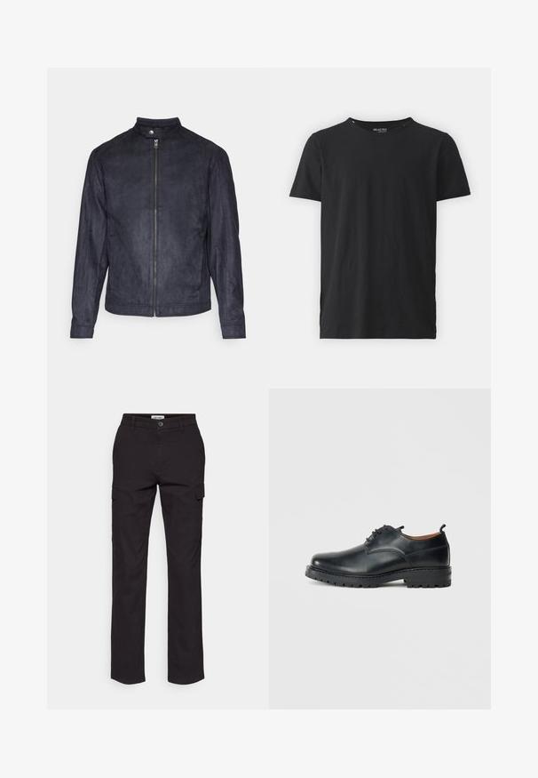 Navyblauwe suède jas met een hoge kraag, ritssluiting aan de voorkant en lange mouwen, met een gladde textuur en een minimalistisch ontwerp.; Zwarte katoenen T-shirt met een ronde halslijn en korte mouwen. Heeft een strakke uitstraling zonder patronen of accenten. Eenvoudig en veelzijdig.; Zwarte cargobroek met een rechte pijp, voorzien van zijzakken, een knoopsluiting en een stevige katoenmix stof.; Zwarte leren derby schoenen met een gladde textuur, ronde neus, vetersluiting en een dikke, robuuste rubberen zool.