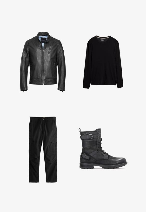 Chaqueta de motocicleta de cuero negro con cuello alzado, cierre delantero con cremallera y dos bolsillos laterales. Presenta costuras sutiles y una textura suave.; Camiseta negra de manga larga hecha de lana merino. Presenta un cuello redondo y una textura suave, con un corte holgado y sin patrones visibles.; Pantalones cargo negros con botón frontal, trabillas para cinturón, bolsillos laterales con solapa y paneles cosidos en las rodillas, mostrados sobre fondo blanco.; Kazar HEARD - Botines camperos - black