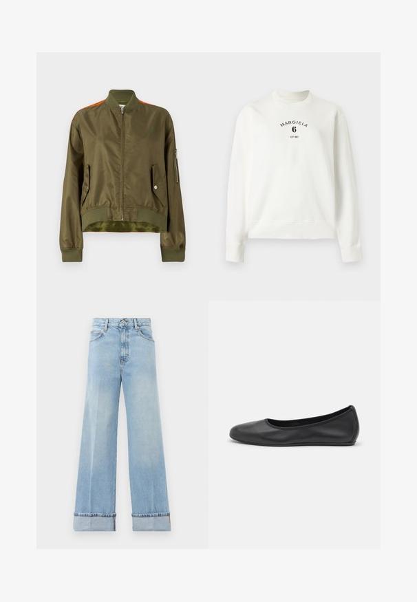 MM6 Maison Margiela Bombera - military/orange; Biela mikina s dlhým rukávom s pružným golierom, manžetami a lemom, s čiernym potlačou „Margiela 6 EST 1997“ na prsiach.; Svetlo modré široké džínsy vyrobené z denimu, s vysokým pásom, rolovanými lemami a klasickým dizajnom s piatimi vreckami. Čisté spracovanie s minimálnym opotrebovaním.; Čierne kožené baleríny s okrúhlou špičkou, hladkým povrchom, minimálnym prešívaním a flexibilným dizajnom podrážky.