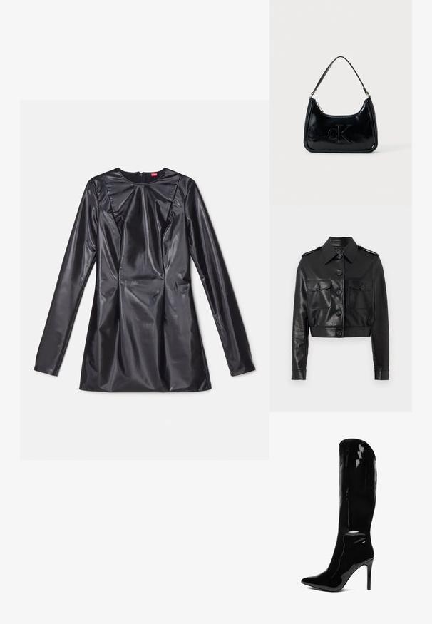 Zwarte korte leren jas met een spitse kraag, sluiting met knopen aan de voorkant, twee borstzakken en knoopmanchetten. Glad, gestructureerd oppervlak.; 032c TRAPEZE TOO TIGHT MINI DRESS - Cocktailjurk - black luster; Kniehoge, patenten zwarte stiletto laars met een puntige neus. De gladde textuur en het hoge ontwerp creëren een slanke, aansluitende silhouet.; Zwarte gepatenteerde leren handtas met een gebogen bovenhandgreep, ritsafsluiting en reliëf "cK" logo aan de voorkant. Gladde textuur, gestructureerde vorm.
