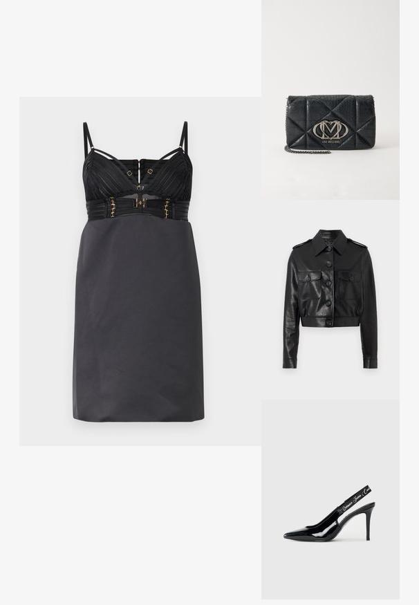 Sort cropped læderjakke med spidse krave, front lukning med knapper, to brystlommer og manchetter med knapper. Dæmpet, struktureret overflade.; Sort satin-nattøj med plisseret krop, justerbare spaghettistropper, lås i guldton foran og figurformet taljedetalje.; Sorte patentlæder slingback hæl med spidse tæer, der har en udskåret sektion og en elastisk rem prydet med mærkenavnet.; Love Moschino SMART DAILY BAG - Skuldertasker - black