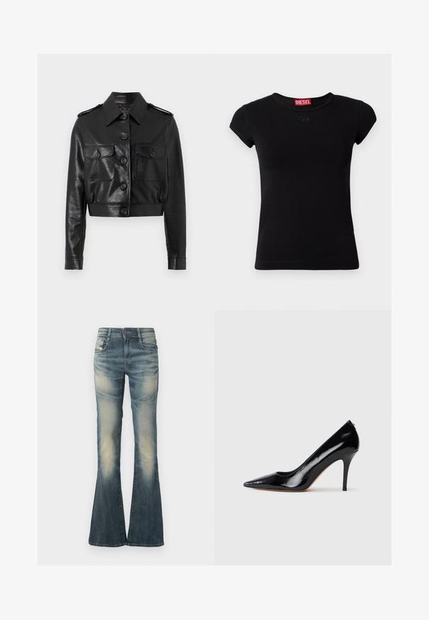 Veste en cuir noire courte avec un col pointu, fermeture à bouton sur le devant, deux poches poitrine et des poignets à boutons. Fini lisse et texturé.; T-shirt noir à manches courtes en coton. Il présente un col rond et un petit logo embossé à l'avant. Texture lisse.; Jean en denim évasé bleu délavé avec de légères usures. Dispose d'une fermeture à bouton à l'avant, de cinq poches et d'une taille mi-haute.; Escarpin à talon haut en cuir verni noir avec un bout pointu, présentant une texture lisse et un talon aiguille mince. Aucun accessoire visible.
