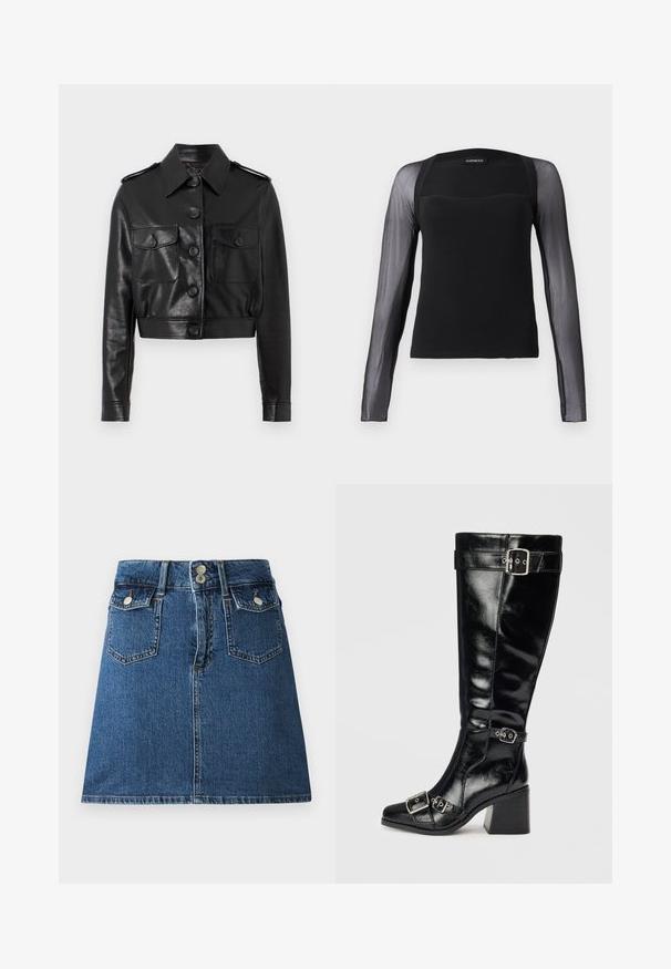 Sort cropped læderjakke med spidse krave, front lukning med knapper, to brystlommer og manchetter med knapper. Dæmpet, struktureret overflade.; Sort langærmet top med en ensfarvet bodice og gennemsigtige sorte meshærmer. Har en kvadratisk halsudskæring og en glat tekstur.; Denim nederdel i dyb blå, med en tætsiddende talje, to forlommer, to baglommer og sølvfarvede knaplukninger.; Sorte læderknæhøje støvler med en blank finish. Har sølvspænder og remme, en spids tå og en chunky, tekstureret hæl.