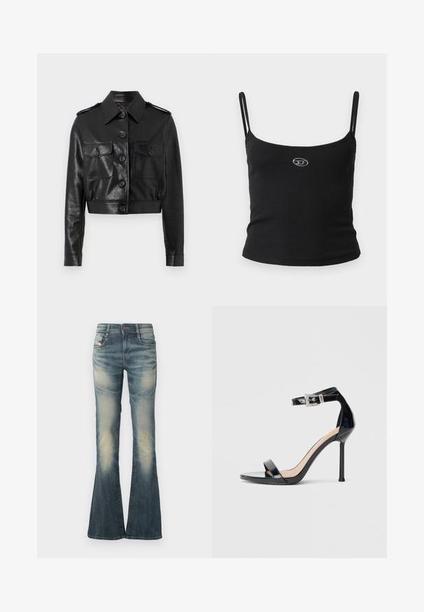 Sort cropped læderjakke med spidse krave, front lukning med knapper, to brystlommer og manchetter med knapper. Dæmpet, struktureret overflade.; Sort ribstrikket camisole-top med tynde stropper og en lille metallisk logo midt på. Stoffet virker strækbart og kropsnært.; Denimjeans med vidde i en falmet blå farve med let slid. Har lukning med knapper foran, fem lommer og en talje i mellemhøjde.; Sort højhælet sandal i laklæder med ankelrem. Har minimalistisk design, åben tå og spænde med rhinsten-detaljer.