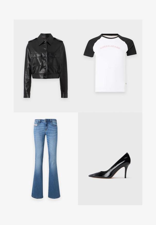 Chaqueta de cuero negra corta con cuello puntiagudo, cierre frontal con botones, dos bolsillos en el pecho y puños con botones. Acabado suave y texturizado.; Camiseta blanca con mangas raglán negras y "Guess Jeans" impreso en rosa claro en el pecho.; Vaqueros acampanados de mezclilla azul claro con cintura de subida media, cinco bolsillos y un sutil desgaste a lo largo de las piernas. Presenta una etiqueta con logo cosida.; Zapato de salón de charol negro con tacón alto y punta afilada, con textura suave y tacón de aguja delgado. Sin herrajes visibles.