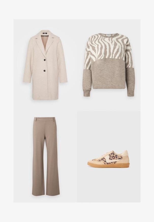 Hellbeige Wollmantel mit Reverskragen, langen Ärmeln, zwei Seitentaschen und zwei schwarzen Knöpfen vorne. Glatte Textur.; Beige gestrickter Pullover mit einem Zebramuster in Creme, runder Ausschnitt und gerippten Bündchen. Weiche Textur und lockere Passform.; Braune weite Hosen aus weichem Stoff, mit glatter Textur, flachem Bund und ohne sichtbare Muster oder Hardware-Details.; Löwenmuster-Sneaker mit beige Wildleder-Obermaterial, tanfarbener Gummisohle und weißen Akzenten. Runde Zehenform und Schnürdesign mit strukturiertem Finish.