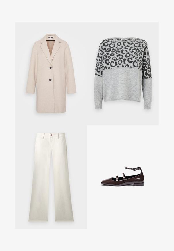 Lys beige uldfrakke med spids krave, lange ærmer, to sidelommer og to sorte knapper foran. Glat tekstur.; Grå sweater med leopardprintdesign i mørkegrå. Har rund halsudskæring og lange ærmer, lavet af et blødt, struktureret materiale.; Hvide bukser med lige ben, forlommer, bæltestropper og en knaplukning med lyserøde syningsdetaljer.; Brune patentlæder flade sko med spids tå, der har to justerbare stropper og sølvspænder samt en lav, firkantet hæl.