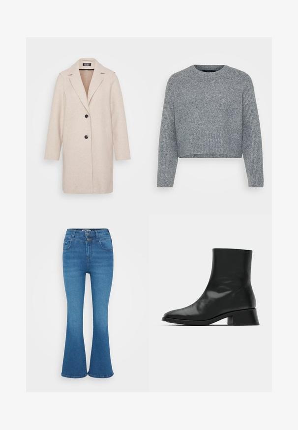 Hellbeige Wollmantel mit Reverskragen, langen Ärmeln, zwei Seitentaschen und zwei schwarzen Knöpfen vorne. Glatte Textur.; Grauer, verkürzter Pullover aus strukturiertem Strick, mit rundem Halsausschnitt und langen Ärmeln. Das Material wirkt weich und warm.; Blaue Denim-Jeans mit ausgestelltem Bein, hoher Taille, Zwei-Knopf-Verschluss und dezentem Ausbleichen. Klassisches Fünf-Taschen-Design, glatte Textur.; Schwarze Ankle Boots aus glänzendem Leder, mit einem eleganten Design, spitzer Zehenpartie und einem moderaten Blockabsatz für Stabilität.