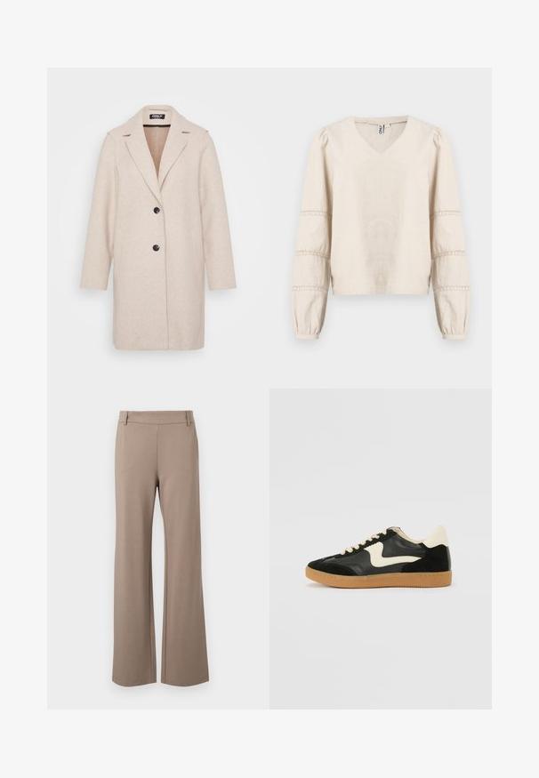 Hellbeige Wollmantel mit Reverskragen, langen Ärmeln, zwei Seitentaschen und zwei schwarzen Knöpfen vorne. Glatte Textur.; Hellbeige Bluse mit V-Ausschnitt, langen Puffärmeln und Spitzenverzierung an den Manschetten. Hergestellt aus weichem, strukturiertem Stoff.; Braune weite Hosen aus weichem Stoff, mit glatter Textur, flachem Bund und ohne sichtbare Muster oder Hardware-Details.; Schwarze Wildleder- und Leder-Sneaker mit einem cremefarbenen Seiten-Swoosh und einer hellcremefarbenen Ferse. Ausgestattet mit beige Schnürsenkeln und einer Gummilaufsohle.