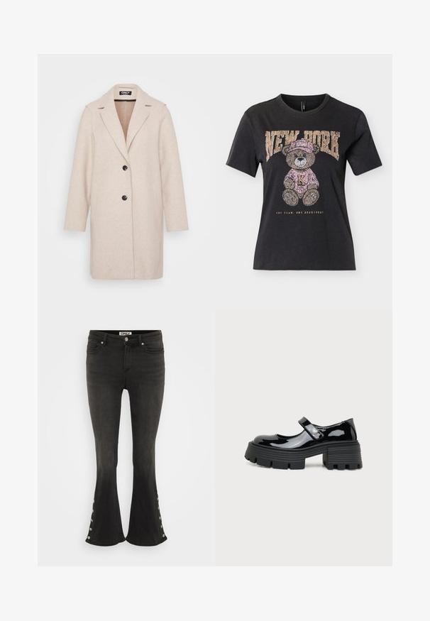 Hellbeige Wollmantel mit Reverskragen, langen Ärmeln, zwei Seitentaschen und zwei schwarzen Knöpfen vorne. Glatte Textur.; Schwarzes kurzärmeliges T-Shirt mit einem Teddybär, der einen rosa Hut und Pullover trägt, mit dem Schriftzug "NEW YORK" darüber und "ONE TEAM. ONE HEARTBEAT." darunter.; Schwarze Schlagjeans aus Denim, mit metallischen Knopf-Akzenten an der unteren Seite und klassischem Fünf-Taschen-Design.; Schwarzer Lackleder-Mary-Jane-Schuh mit klobiger Plateausohle und herzförmigem Detail am Riemen, seitlich auf weißem Hintergrund gezeigt.