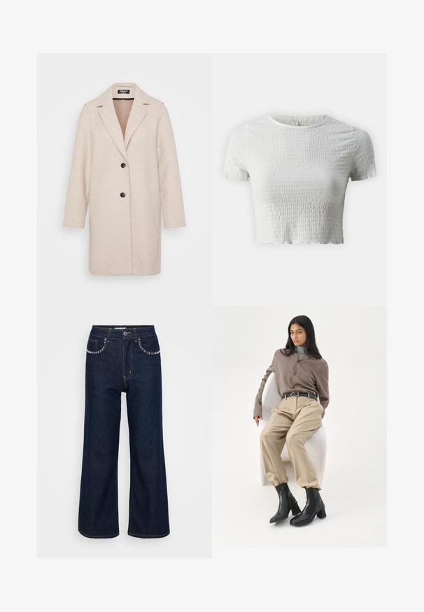 Lys beige uldfrakke med spids krave, lange ærmer, to sidelommer og to sorte knapper foran. Glat tekstur.; ONLY Petite ONLNADIE - T-shirts basic - cloud dancer; Mørkeblå brede ben jeans lavet af denim, med høj talje, to forlommer med dekorativ syning, og en enkelt knaplukning.; Kvinde med langt sort hår, der læner sig op ad en hvid buet stol iført en taupe bluse, beige bukser, sort bælte og sorte ankelstøvler med hæl.