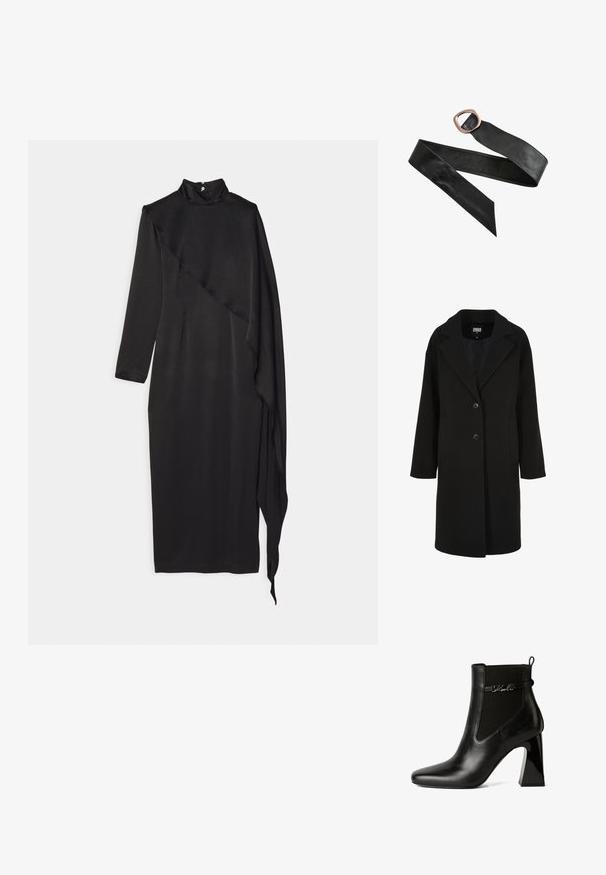 Zwarte mantel van wolmix met een reverskraag, enkelrijg ontwerp, twee knopen en zijkanten zakken; heeft een rechte snit met een gladde textuur.; Materiel SCARF DRESS - Galajurk - black; KARL LAGERFELD ASTRA NOVA GORE - Enkellaarsjes met hoge hak - black lthr; Zwarte leren riem met een grote afgeronde rechthoekige koperen gesp en puntige uiteinden, plat uitgestald op een witte achtergrond.