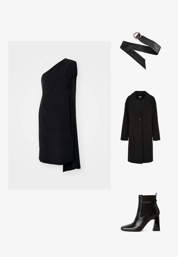 Schwarzer Wollmischmantel mit Reverskragen, einreihigem Design, zwei Knöpfen und Seitentaschen; verfügt über einen geraden Schnitt mit glatter Textur.; Schwarzes asymmetrisches Kleid mit einem Schulterträger, aus glattem Stoff, mit drapierter Gestaltung und seitlichem Schlitz für zusätzliche Details.; KARL LAGERFELD ASTRA NOVA GORE - High Heel Stiefelette - black lthr; Schwarzer Ledergürtel mit einer großen, abgerundeten rechteckigen bronzenen Schnalle und spitzen Enden, flach auf einem weißen Hintergrund ausgelegt.