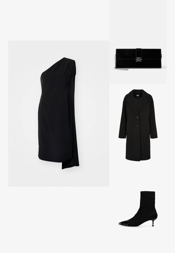 Manteau noir en mélange de laine avec un col à revers cranté, une coupe droite, une fermeture à deux boutons et des poches latérales ; présente une texture lisse.; Robe asymétrique noire à une épaule, en tissu satiné, avec un design drapé et une fente sur le côté pour un détail supplémentaire.; Bottine noire à cheville avec embout métallique pointu et petit talon fin sur fond blanc.; Pochette rectangulaire noire brillante avec bretelle chaîne argentée et fermoir aux initiales argentées entrelacées sur le rabat avant.