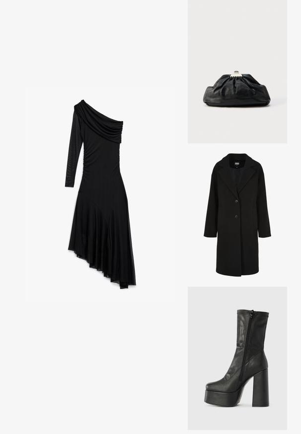 Sort uldblandet frakke med en udskåret krave, enkeltbrettet design, to knapper og sidelommer; har en lige snit med en glat tekstur.; Sort asymmetrisk kjole med en lang gennemsigtig ærme, off-shoulder draperet udskæring, rynkede sider og ujævn kant med mesh-detaljer.; Sort læder ankelstøvle med høj blokhæl, platformssål og lynlås på siden til lukning. Glat tekstur med topstikningsdetalje.; Sort læderclutch med en samlet tekstur, metal lukning og diskret præget logo på forsiden. Rundet form.