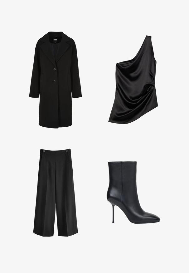 Zwarte mantel van wolmix met een reverskraag, enkelrijg ontwerp, twee knopen en zijkanten zakken; heeft een rechte snit met een gladde textuur.; Zwarte satijnen top met een asymmetrische halslijn, gedrapeerde stofdetails en een zachte textuur. Kenmerkt zich door één schouder en een vloeiende silhouet.; Zwarte wijde broek met hoge taille, gemaakt van een gladde stof. Bevat twee voorkeurs en twee knopen bij de tailleband.; Zwarte leren enkellaars met puntige neus en dunne stilettohak, gladde textuur, zijaanzicht op witte achtergrond.
