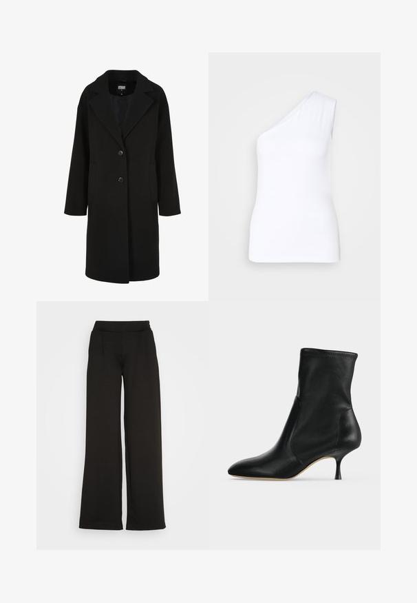 Manteau noir en mélange de laine avec un col à revers cranté, une coupe droite, une fermeture à deux boutons et des poches latérales ; présente une texture lisse.; Débardeur asymétrique blanc avec design à une épaule, fabriqué en tissu lisse, présentant une silhouette ajustée et des bords nets.; Pantalons larges noirs avec une texture lisse, présentant une taille haute et deux plis à l'avant. Le design est simple et sans ornement.; Bottine en cuir noir avec bout pointu et talon fin de hauteur moyenne, vue de profil sur fond clair.