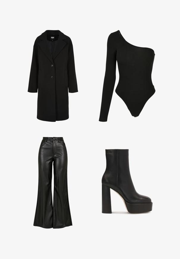 Sort uldblandet frakke med en udskåret krave, enkeltbrettet design, to knapper og sidelommer; har en lige snit med en glat tekstur.; Sort en-skulder bodysuit lavet af strækbart stof, med en langærmet side, højt skårne benåbninger og en tætsiddende silhuet.; Sorte læderbukser med flared design og en glat tekstur, der har høj talje, knaplukning og forreste lommer. Bred ben design og poleret finish.; Kazar Studio AUBREY - Højhælede støvletter - black