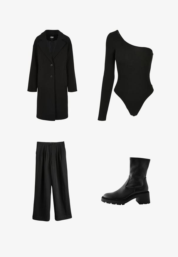 Sort uldblandet frakke med en udskåret krave, enkeltbrettet design, to knapper og sidelommer; har en lige snit med en glat tekstur.; Sort en-skulder bodysuit lavet af strækbart stof, med en langærmet side, højt skårne benåbninger og en tætsiddende silhuet.; Sort vide bukser lavet af let stof, med plisseret front, knaplukning og glat tekstur.; Sort ankelstøvle lavet af glat læder med en kraftig blokhælhæl, elastiske sideskaller og en tekstureret gummisål.