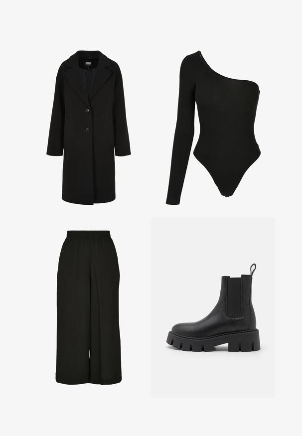 Schwarzer Wollmischmantel mit Reverskragen, einreihigem Design, zwei Knöpfen und Seitentaschen; verfügt über einen geraden Schnitt mit glatter Textur.; Schwarzer One-Shoulder-Bodysuit aus dehnbarem Stoff, mit einem langen Arm auf einer Seite, hochgeschnittenen Beinausschnitten und einer figurschmeichelnden Silhouette.; Schwarze weit geschnittene Hose mit elastischem Taillenbund, aus einem glatten Stoff mit minimaler Textur und ohne zusätzliche Muster oder Akzente.; Schwarze Lederknöchelstiefel mit elastischen Seitenpaneelen, massiv strukturiertem Absatz und einer Schlaufe hinten für einfaches Anziehen.