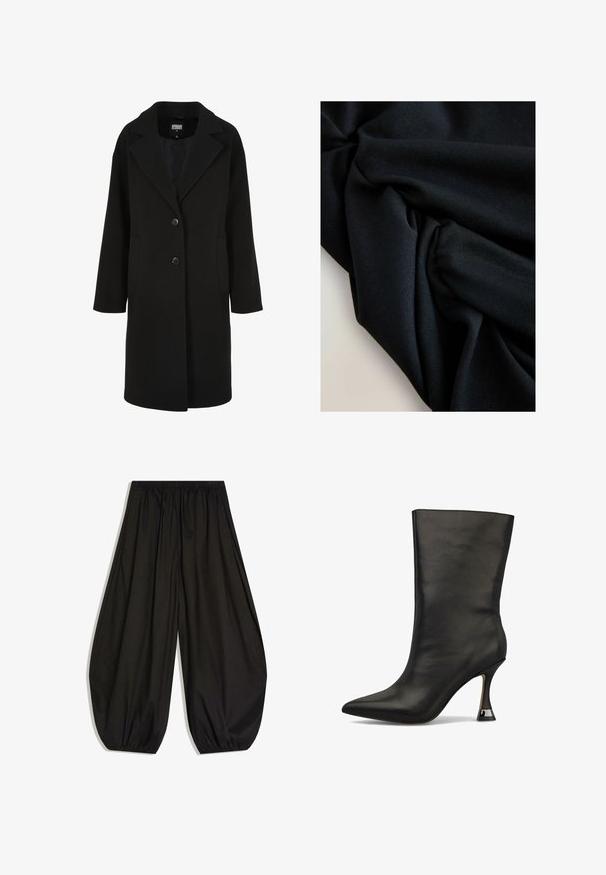 Manteau noir en mélange de laine avec un col à revers cranté, une coupe droite, une fermeture à deux boutons et des poches latérales ; présente une texture lisse.; Tissu noir avec texture et plis visibles, créant des ombres et des reflets doux sur une surface de couleur claire.; Pantalon noir à jambes larges avec taille élastique et poignets élastiques froncés, fabriqué en tissu léger.; Bottine en cuir noir avec un bout pointu et un talon sculpté de hauteur intermédiaire. Texture lisse avec un minimum de détails, sans motifs ni accents visibles.