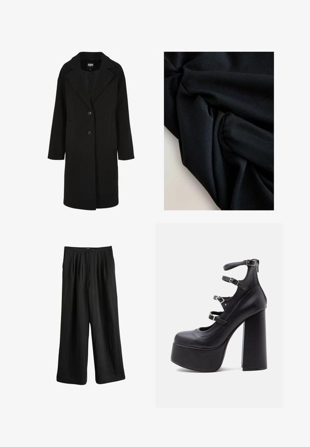Manteau noir en mélange de laine avec un col à revers cranté, une coupe droite, une fermeture à deux boutons et des poches latérales ; présente une texture lisse.; Tissu noir avec texture et plis visibles, créant des ombres et des reflets doux sur une surface de couleur claire.; Pantalon noir à jambes larges en tissu léger, avec un devant plissé, une fermeture par bouton et une texture lisse.; Chaussure à talon haut plateforme noire avec quatre brides réglables à la cheville et fermeture éclair arrière sur fond blanc.