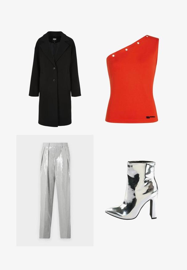 Sort uldblandet frakke med en udskåret krave, enkeltbrettet design, to knapper og sidelommer; har en lige snit med en glat tekstur.; Asymmetrisk, skarpt orange ærmeløs top med fem sølvøjer langs halskanten og lille sort logo nær kanten.; Good American SUITING GOOD TROUSER - Bukser - grey; Sølv patentlæder ankelstøvle med spids tå, chunky højt hæl og lynlås i siden, med en glat, blank overflade.