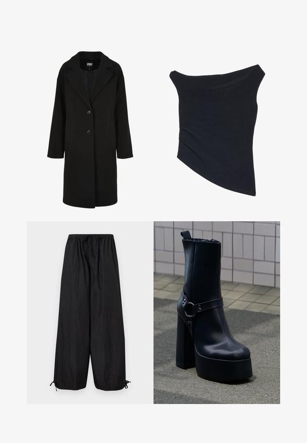 Sort uldblandet frakke med en udskåret krave, enkeltbrettet design, to knapper og sidelommer; har en lige snit med en glat tekstur.; Sort, off-shoulder top med en tætsiddende design, asymmetrisk kant og blød, glat tekstur. Den har samlet stof ved halsudskæringen.; Sorte bukser med vide ben med elastisk talje, knaplukning og justerbare snore i kanten, vist fladt på en hvid baggrund.; Sort læder plateauankelstøvle med chunky høj hæl og dekorativ rem, placeret på grå fortov mod flisebelagt væg baggrund.