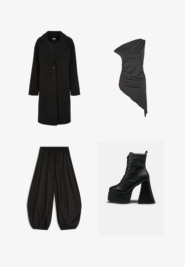 Manteau noir en mélange de laine avec un col à revers cranté, une coupe droite, une fermeture à deux boutons et des poches latérales ; présente une texture lisse.; Robe noire asymétrique à une épaule avec tissu drapé et ourlet irrégulier, plus longue d'un côté.; Pantalon noir à jambes larges avec taille élastique et poignets élastiques froncés, fabriqué en tissu léger.; Bottine à plateforme noire avec laçage à l'avant et large talon bloc, texture cuir lisse et languette à l'arrière.