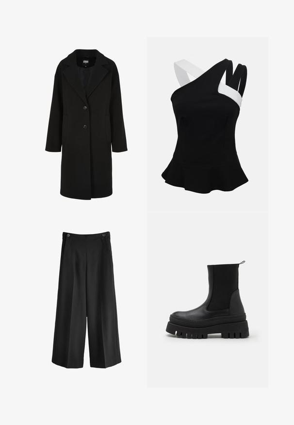 Manteau noir en mélange de laine avec un col à revers cranté, une coupe droite, une fermeture à deux boutons et des poches latérales ; présente une texture lisse.; Haut péplum noir sans manches avec encolure asymétrique et bretelles contrastées blanches et noires sur fond uni.; Pantalons larges noirs à taille haute, en tissu lisse. Avec deux poches avant et deux boutons à la taille.; Bottines noires avec un dessus en cuir lisse, des panneaux latéraux élastiques et une semelle en caoutchouc épaisse avec de profondes rainures pour une meilleure adhérence.