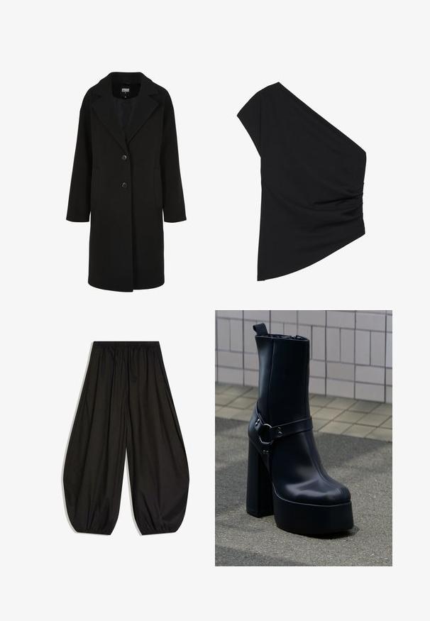 Sort uldblandet frakke med en udskåret krave, enkeltbrettet design, to knapper og sidelommer; har en lige snit med en glat tekstur.; Sort top med én skulder lavet af strækbart stof, med en detaljeret ruched side og en asymmetrisk kant. Glat tekstur med let fald.; Sorte vidde bukser med elastisk talje og samlede elastiske manchetter, lavet af let stof.; Sort læder plateauankelstøvle med chunky høj hæl og dekorativ rem, placeret på grå fortov mod flisebelagt væg baggrund.