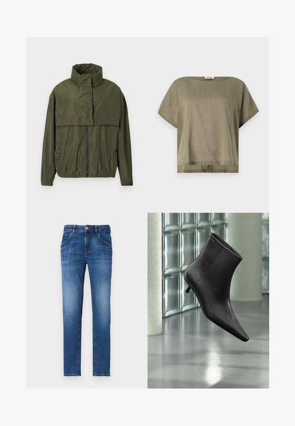 Olijf groene windjack met hoge kraag, ritssluiting aan de voorkant, elastische manchetten en taille, met een gelaagd ontwerp en een gladde textuur.; Olivengroene, korteblousetop gemaakt van lichtgewicht stof, met een losvallende pasvorm en een rechte zoom. Minimalistisch ontwerp met een ronde halslijn.; Slim-fit blauwe denim jeans met een vervaagde afwerking, vijf zakken, een knoopsluiting aan de voorkant en contrasterende stikseldetails.; Zwarte leren enkellaars met puntige neus en lage hak, afgebeeld tegen een glazen blokkenmuur en gepolijste vloer op de achtergrond.